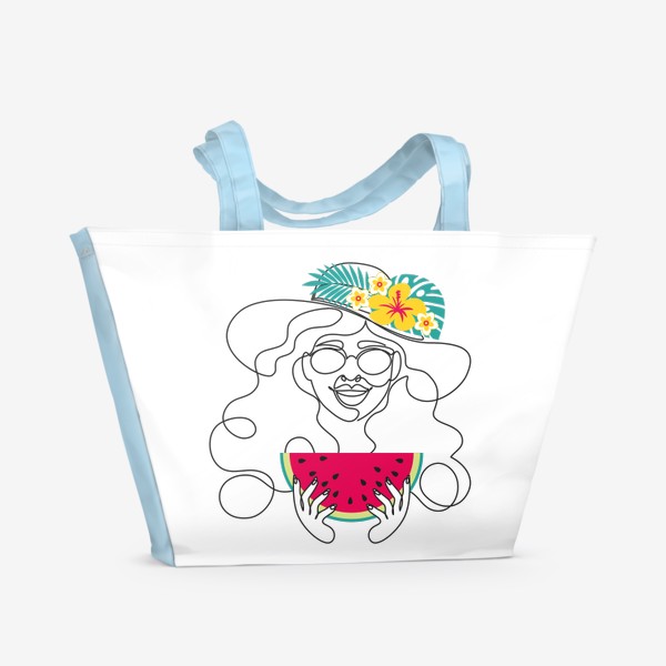 Пляжная сумка «Девушка-лето. Графический абстрактный портрет девушки в шляпе с тропическими цветами, очках, с арбузом в руках»
