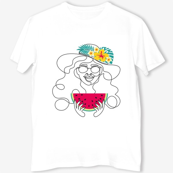 Футболка &laquo;Девушка-лето. Графический абстрактный портрет девушки в шляпе с тропическими цветами, очках, с арбузом в руках&raquo;