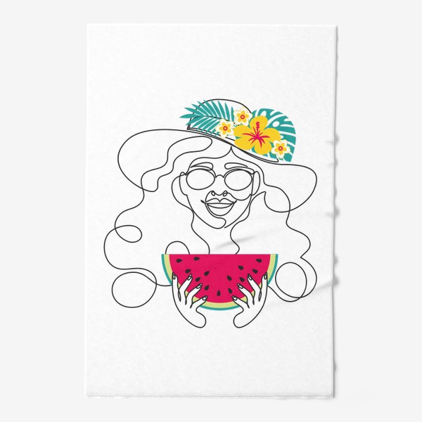 Полотенце «Девушка-лето. Графический абстрактный портрет девушки в шляпе с тропическими цветами, очках, с арбузом в руках»