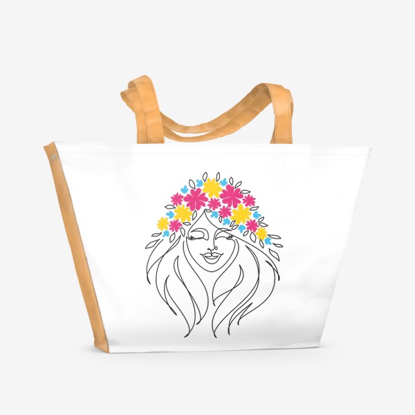 Пляжная сумка «Девушка-весна. Стильный графический абстрактный портрет двушки с цветочным венком на голове.»