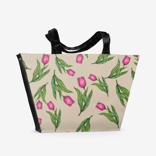Пляжная сумка «Узор с тюльпанами на бежевом фоне»