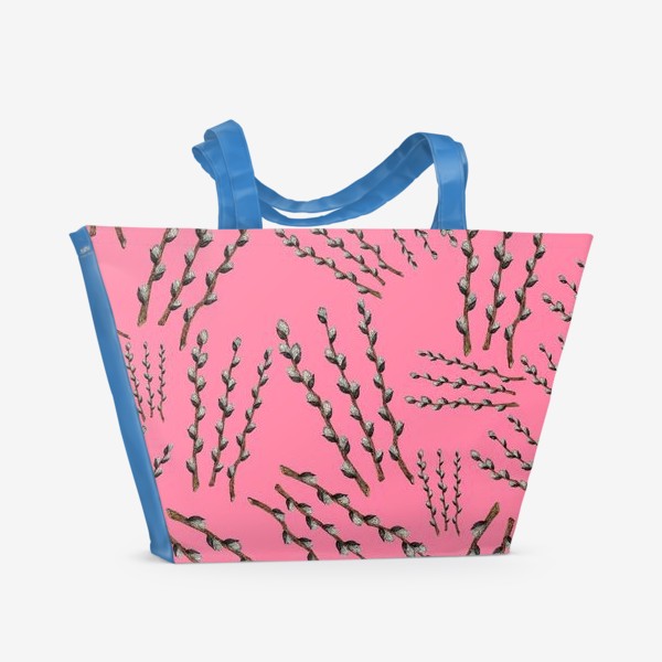 Пляжная сумка «Пасха - паттерн с веточками вербы на розовом фоне»