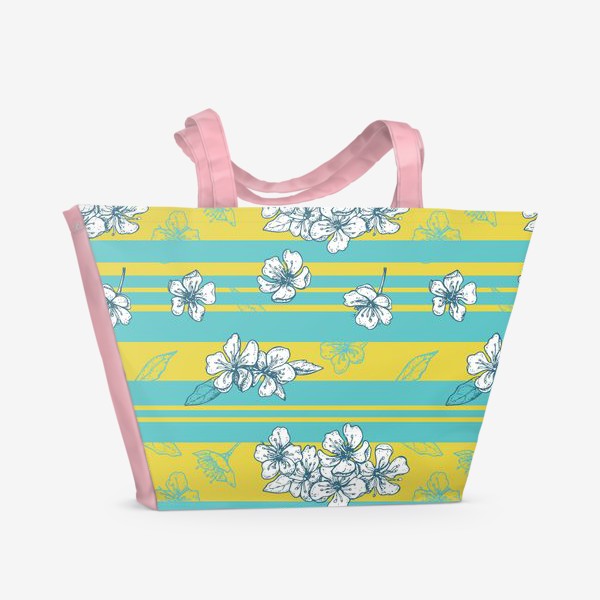 Пляжная сумка «Цветы вишни и яркие полосы»
