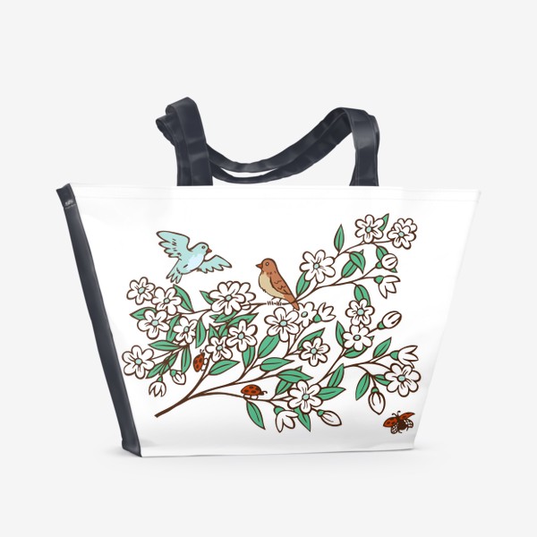 Пляжная сумка «птицы весной на цветущей ветке и божьи коровки»