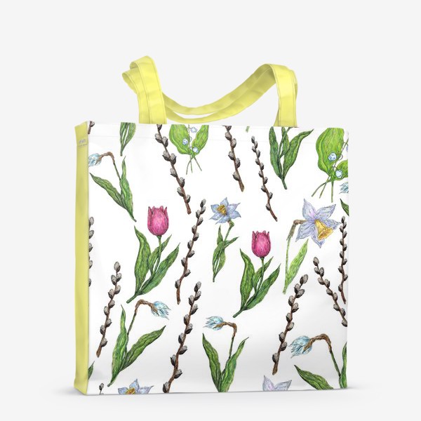 Сумка-шоппер «Весенние цветы и верба на белом фоне»