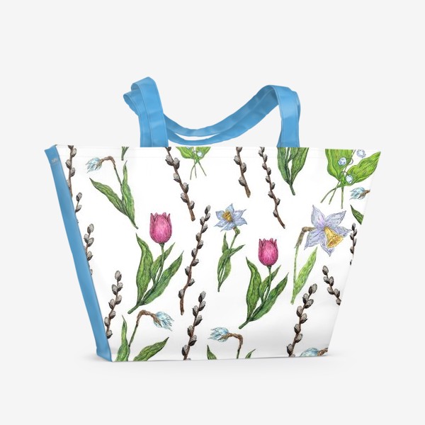 Пляжная сумка «Весенние цветы и верба на белом фоне»