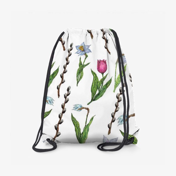 Рюкзак «Весенние цветы и верба на белом фоне»