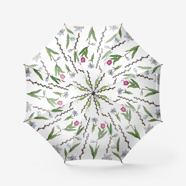 Зонт «Весенние цветы и верба на белом фоне»