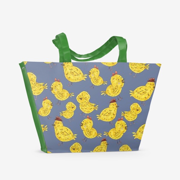Пляжная сумка «Узор с цыплятами на серо-синем фоне»