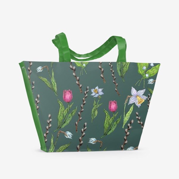 Пляжная сумка «Узор с весенними цветами на изумрудном фоне»