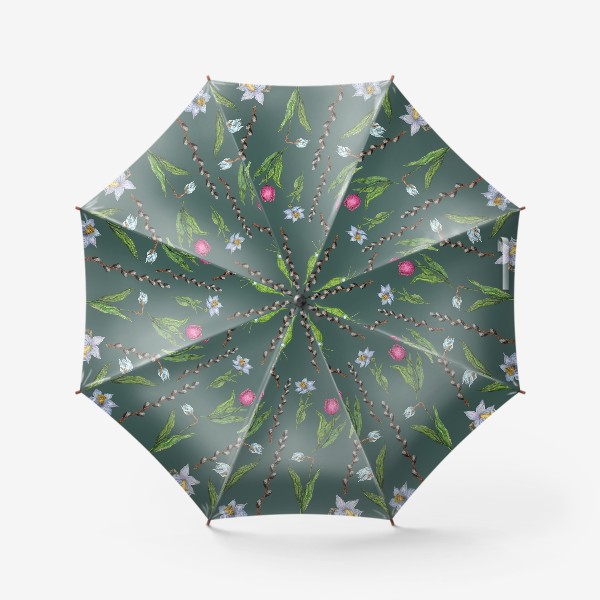 Зонт «Узор с весенними цветами на изумрудном фоне»