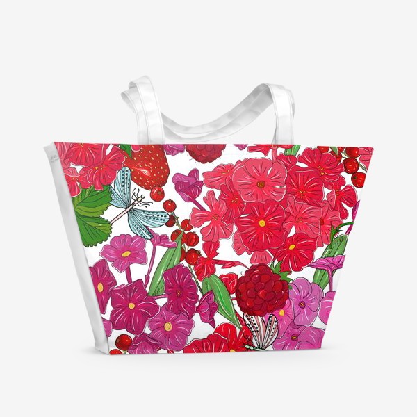 Пляжная сумка &laquo;красные цветы и стрекозы&raquo;