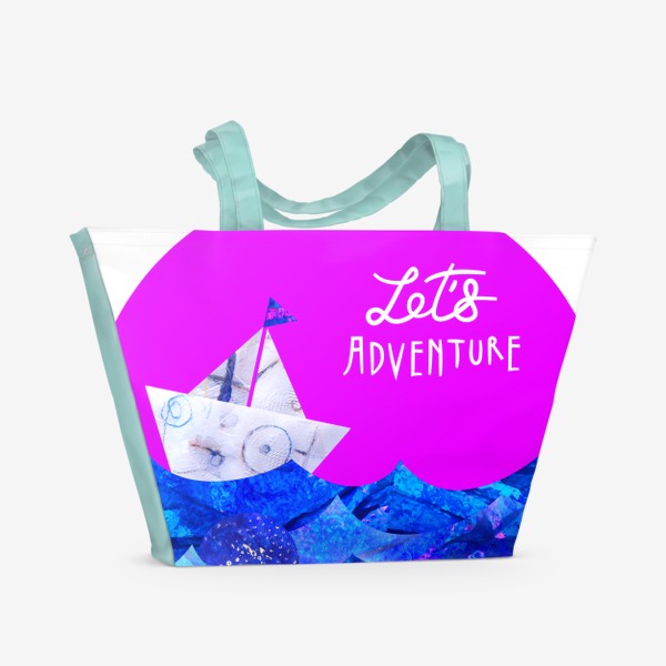 Пляжная сумка «"Поприключаемся!" Let`s Adventure! Море, лодка, изумительный яркий розовый фон: авторская живопись.»