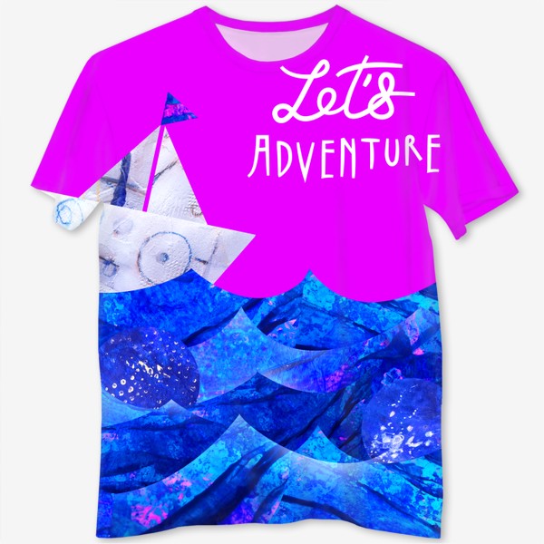 Футболка с полной запечаткой «"Поприключаемся!" Let`s Adventure! Море, лодка, изумительный яркий розовый фон: авторская живопись.»