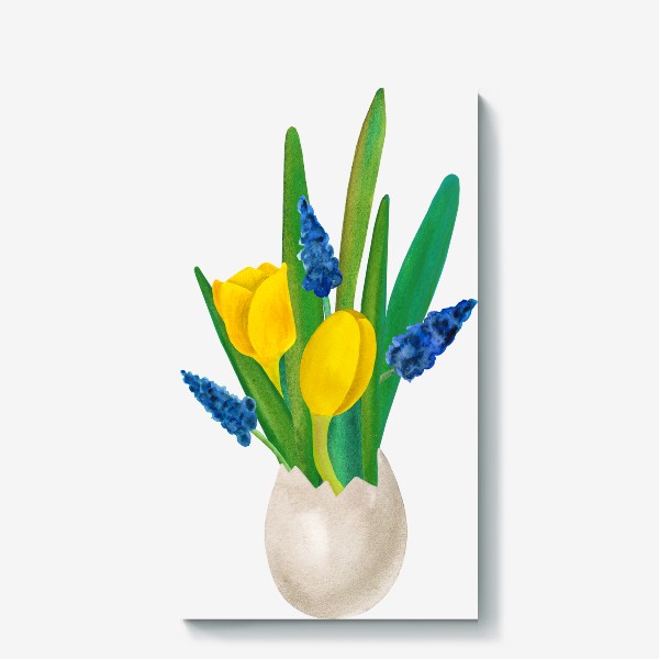 Холст «Пасхальная цветочная композиция с желтыми тюльпанами и синими мускари с яичной скорлупе»