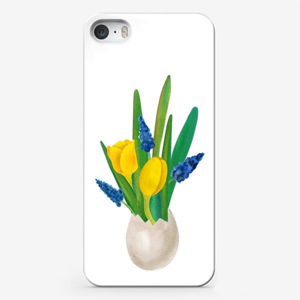 Чехол iPhone «Пасхальная цветочная композиция с желтыми тюльпанами и синими мускари с яичной скорлупе»