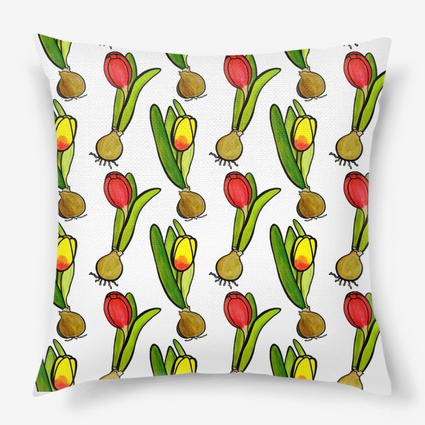 Подушка «Паттерн яркие тюльпаны с луковицами»