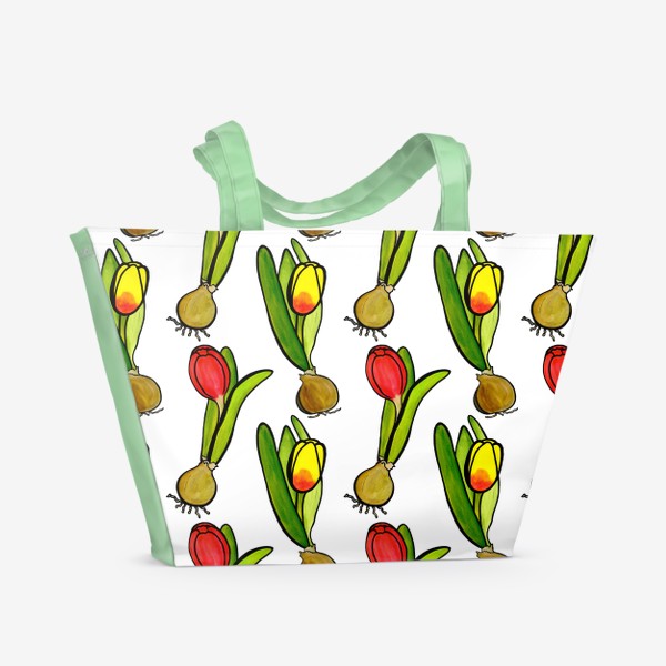 Пляжная сумка «Паттерн яркие тюльпаны с луковицами»