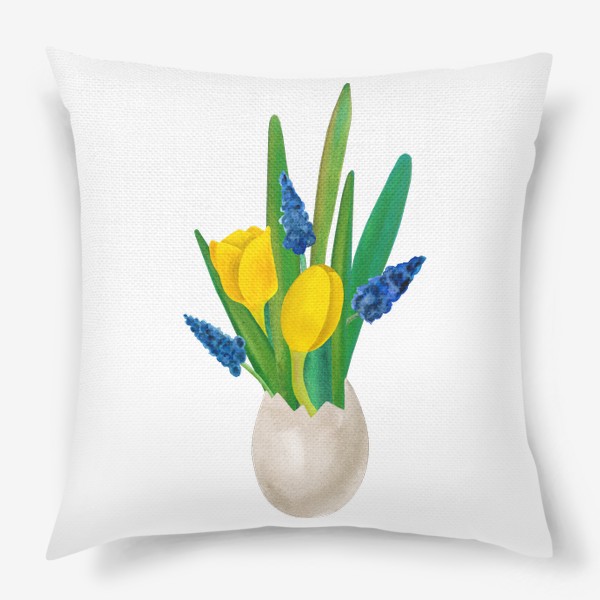Подушка «Пасхальная цветочная композиция с желтыми тюльпанами и синими мускари с яичной скорлупе»