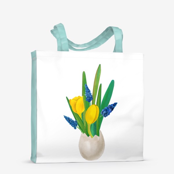 Сумка-шоппер «Пасхальная цветочная композиция с желтыми тюльпанами и синими мускари с яичной скорлупе»