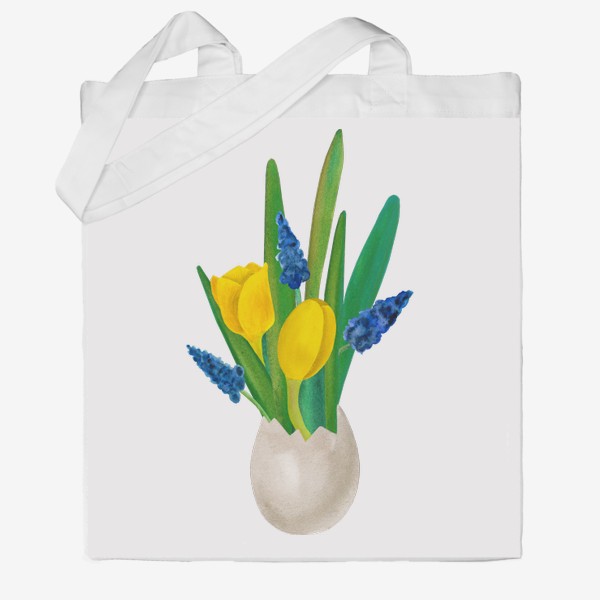 Сумка хб «Пасхальная цветочная композиция с желтыми тюльпанами и синими мускари с яичной скорлупе»