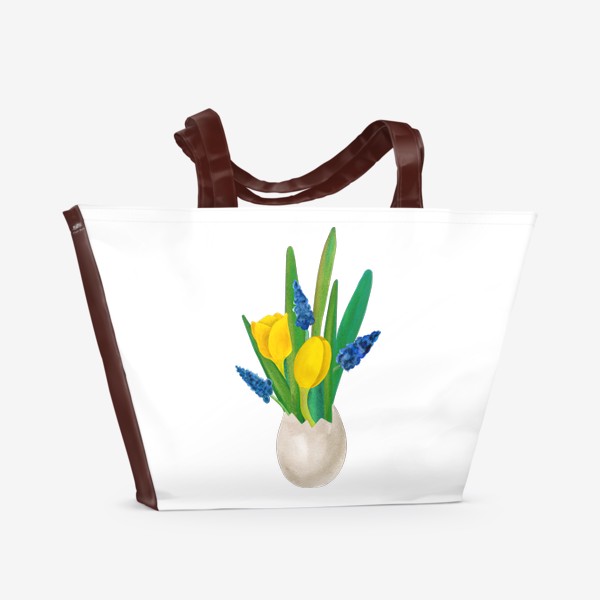 Пляжная сумка &laquo;Пасхальная цветочная композиция с желтыми тюльпанами и синими мускари с яичной скорлупе&raquo;