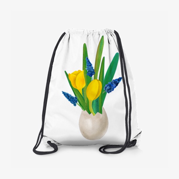 Рюкзак «Пасхальная цветочная композиция с желтыми тюльпанами и синими мускари с яичной скорлупе»