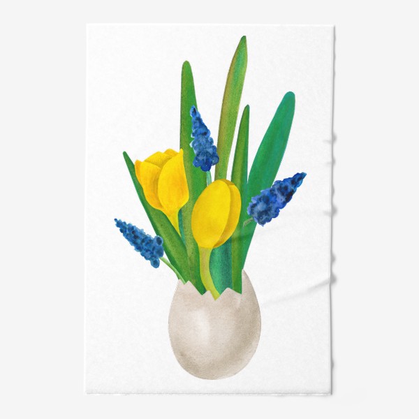 Полотенце «Пасхальная цветочная композиция с желтыми тюльпанами и синими мускари с яичной скорлупе»
