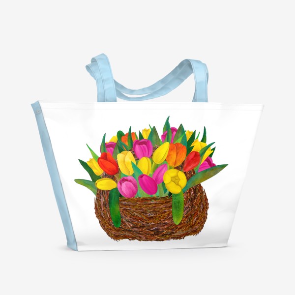 Пляжная сумка «Яркие тюльпана в плетёной корзине»