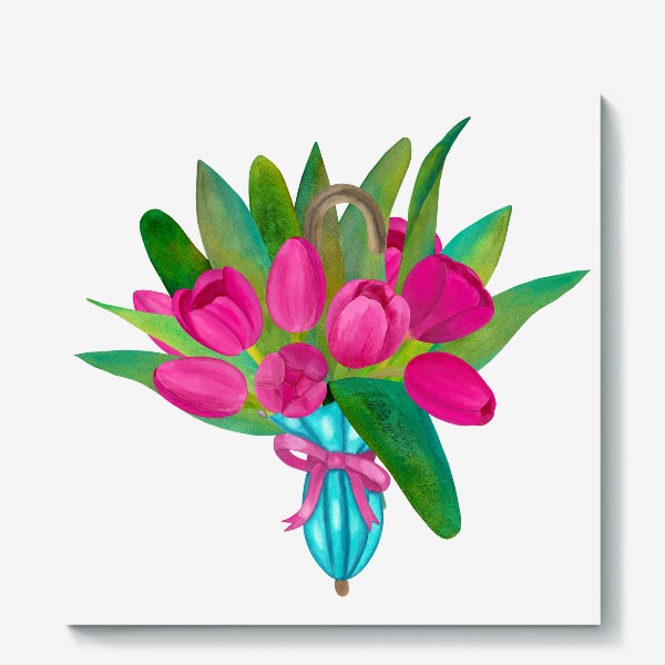 Холст «Розовые тюльпаны в голубом зонтики - весенняя иллюстрация»