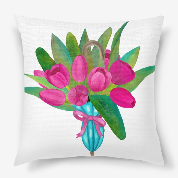 Подушка «Розовые тюльпаны в голубом зонтики - весенняя иллюстрация»