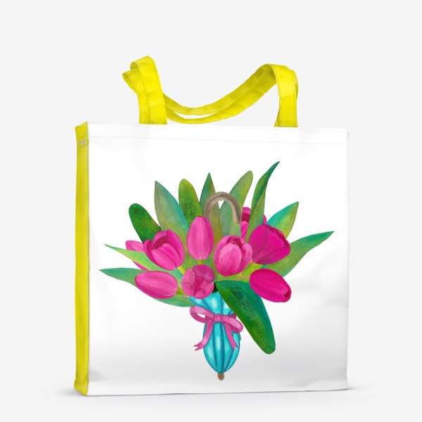 Сумка-шоппер &laquo;Розовые тюльпаны в голубом зонтики - весенняя иллюстрация&raquo;