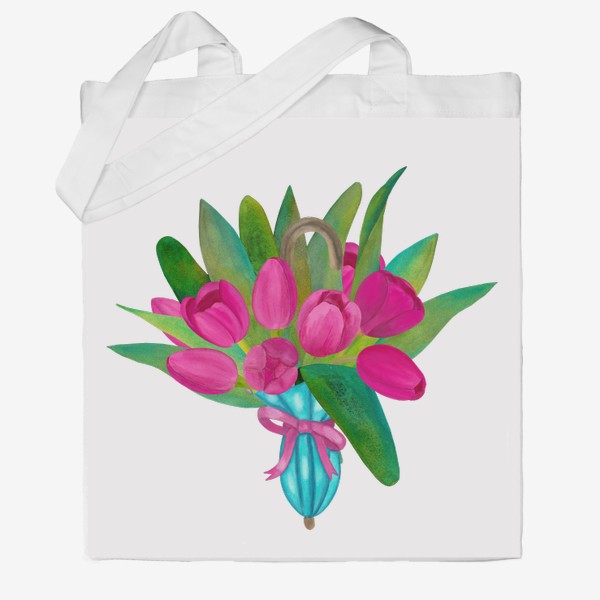 Сумка хб «Розовые тюльпаны в голубом зонтики - весенняя иллюстрация»