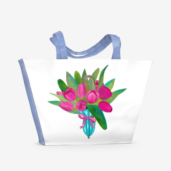 Пляжная сумка «Розовые тюльпаны в голубом зонтики - весенняя иллюстрация»