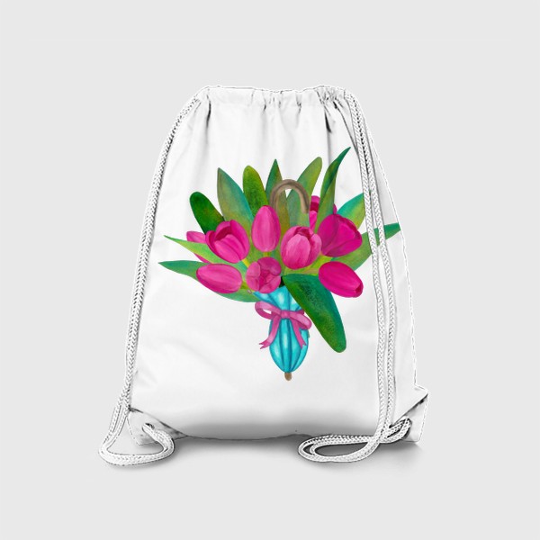 Рюкзак «Розовые тюльпаны в голубом зонтики - весенняя иллюстрация»