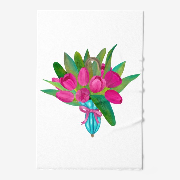 Полотенце «Розовые тюльпаны в голубом зонтики - весенняя иллюстрация»