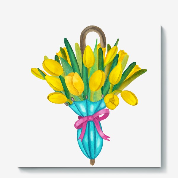 Холст «Жёлтые тюльпаны в голубом зонтике»