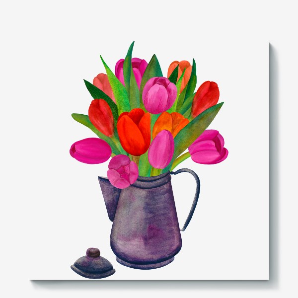 Холст «Кофейник с яркими тюльпанами»