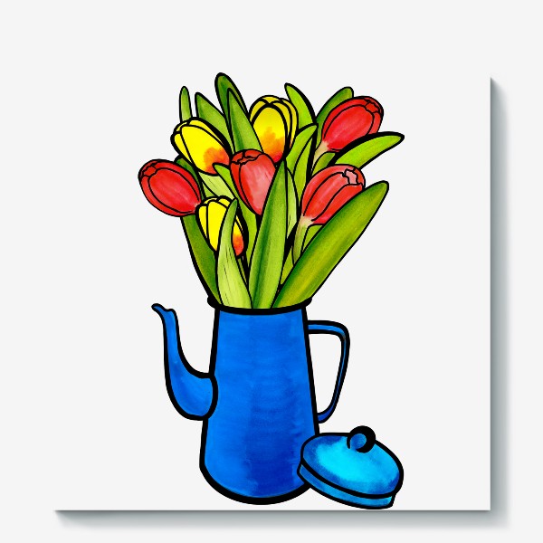 Холст «Яркие тюльпаны в синем кофейнике»