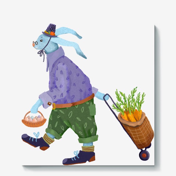 Холст «Кролик в шляпе и ботинках несет морковь и яйца»
