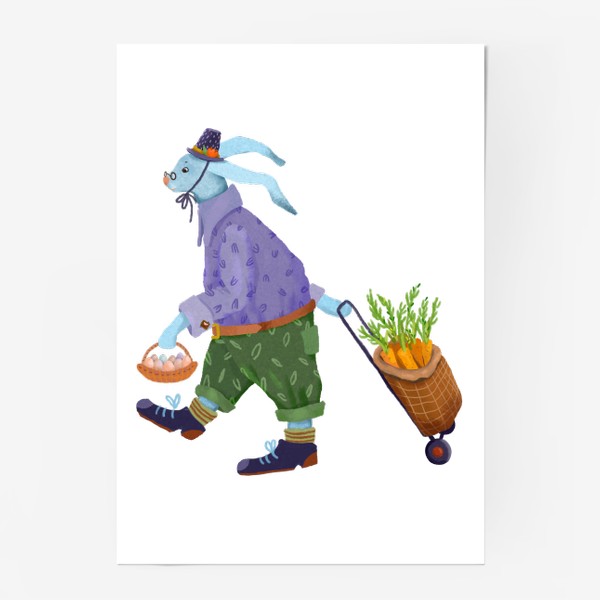 Постер «Кролик в шляпе и ботинках несет морковь и яйца»