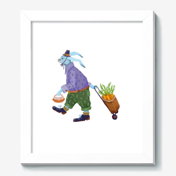 Картина «Кролик в шляпе и ботинках несет морковь и яйца»