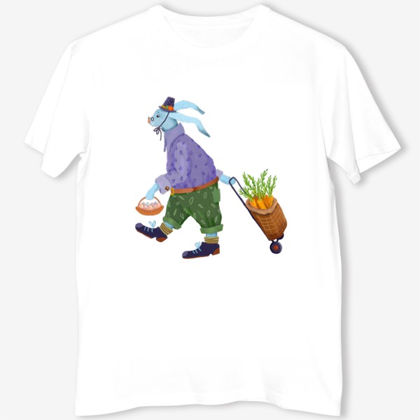 Футболка &laquo;Кролик в шляпе и ботинках несет морковь и яйца&raquo;
