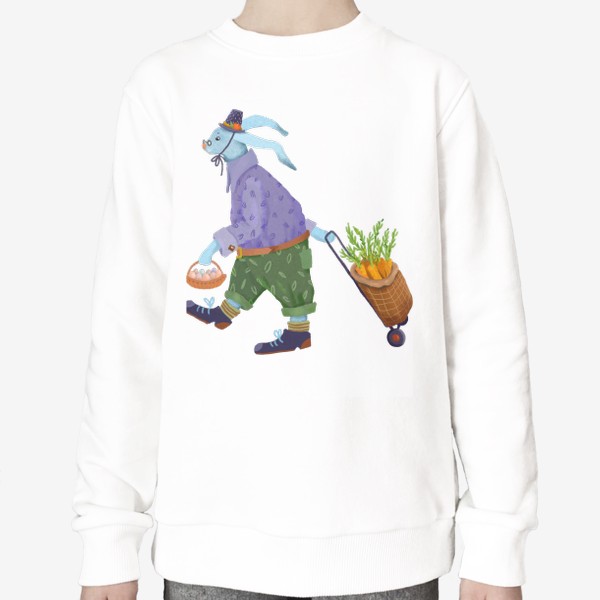 Свитшот «Кролик в шляпе и ботинках несет морковь и яйца»