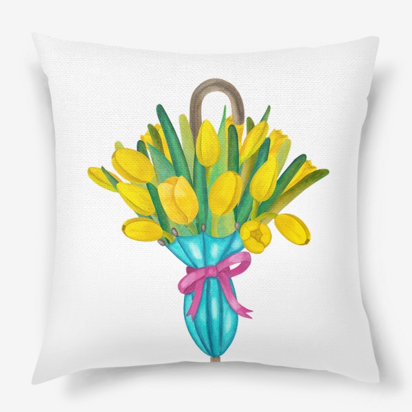 Подушка «Жёлтые тюльпаны в голубом зонтике»