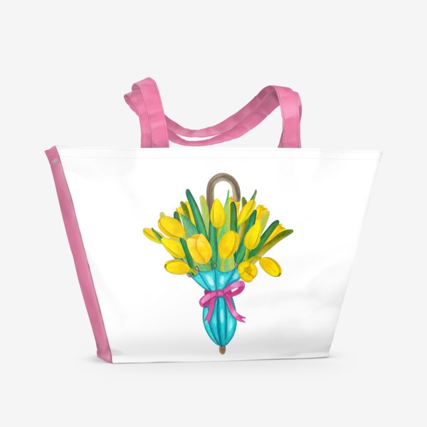 Пляжная сумка «Жёлтые тюльпаны в голубом зонтике»