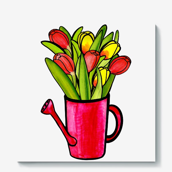 Холст «Яркие тюльпаны в розовом кофейнике»
