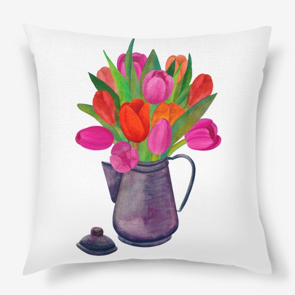 Подушка «Кофейник с яркими тюльпанами»