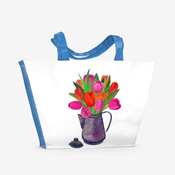 Пляжная сумка «Кофейник с яркими тюльпанами»
