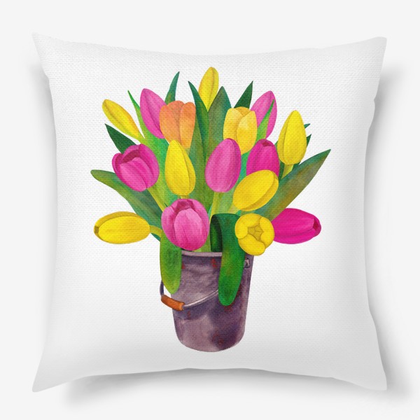 Подушка «Яркие розовые, желтые и озовые тюльпаны в ведерке»
